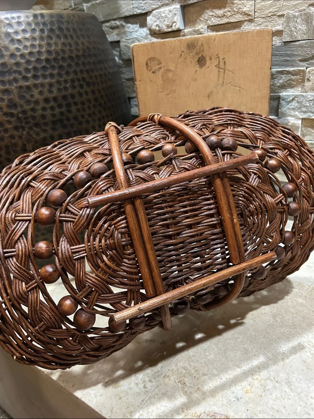 SOLD- vintage wicker rattan foraging flower trug basket decorated w/ wooden bead